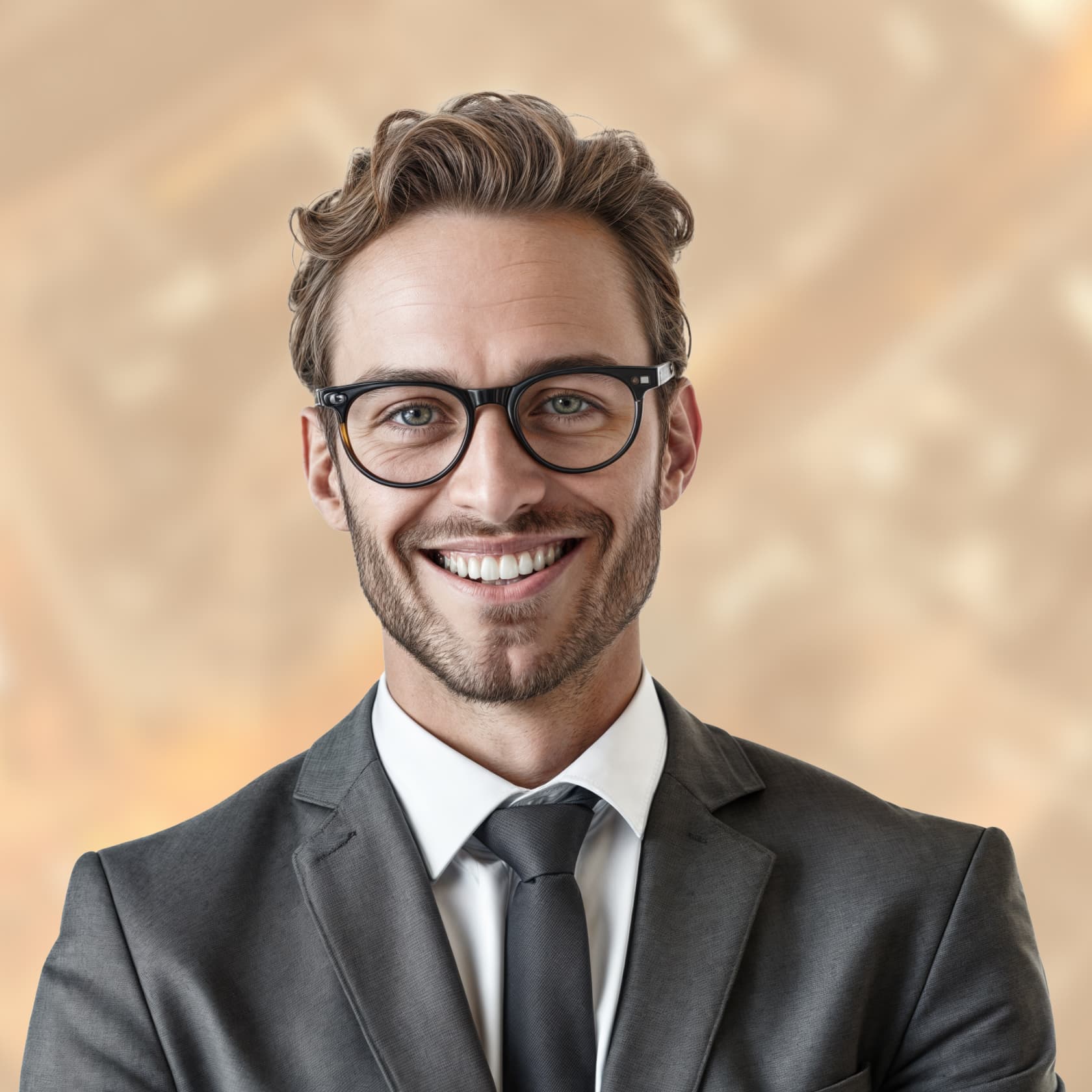 Young caucasian businessman on a gold background